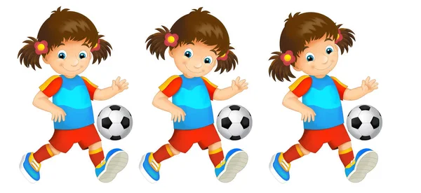 Kreskówka dziecko - dziewczynka - gry piłka nożna - aktywność - ilustracja dla dzieci — Zdjęcie stockowe