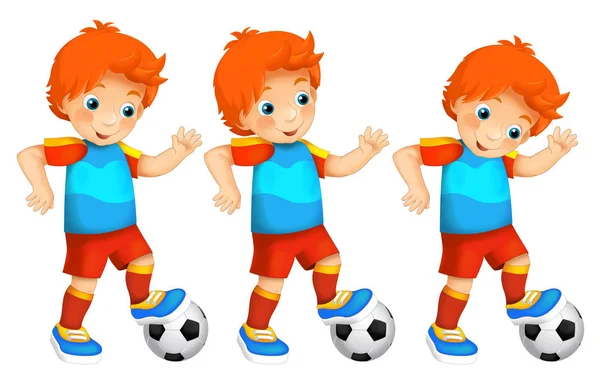 Criança dos desenhos animados - menino - jogar futebol - atividade - ilustração para crianças — Fotografia de Stock