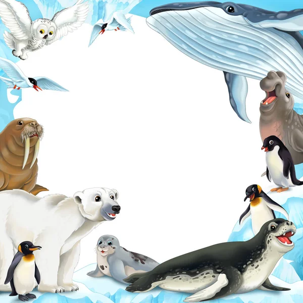 Cornice invernale a cartoni animati con animali artici - illustrazione per bambini — Foto Stock