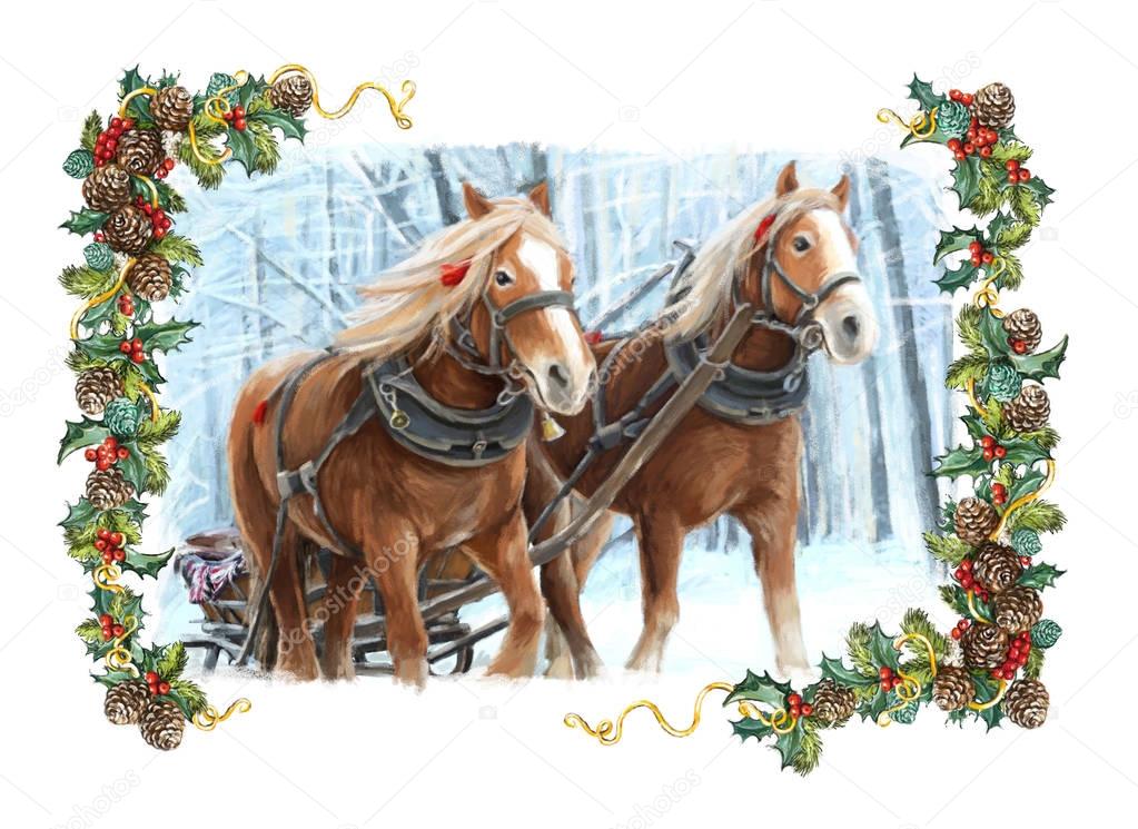 sleigh with two running horses