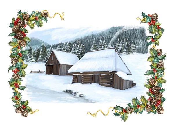 Christmas winter happy scene with wooden houses in a foggy day - illustration for children — Stock Photo, Image