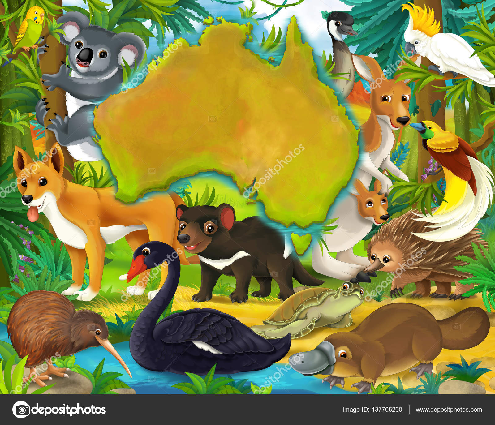 Cartoon australian animals - continent map - frame for title - illustration  for children Stock Photo by ©agaes8080 137705200
