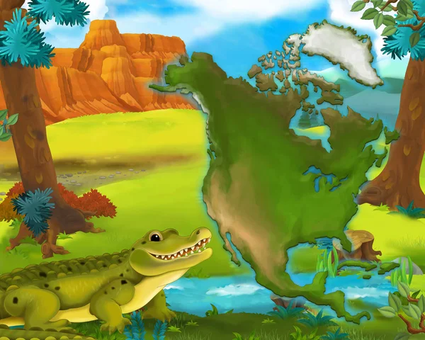 Cartoon crocodile with continent map
