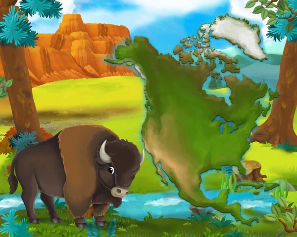 Búfalo de dibujos animados con mapa continente - ilustración para niños —  Fotos de Stock