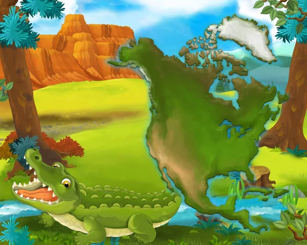 Cartoon krokodil met continent kaart — Stockfoto