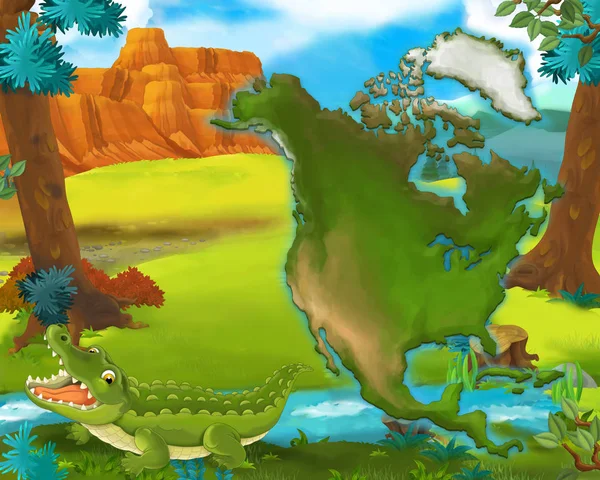 Cartoon krokodil med kontinenten karta — Stockfoto