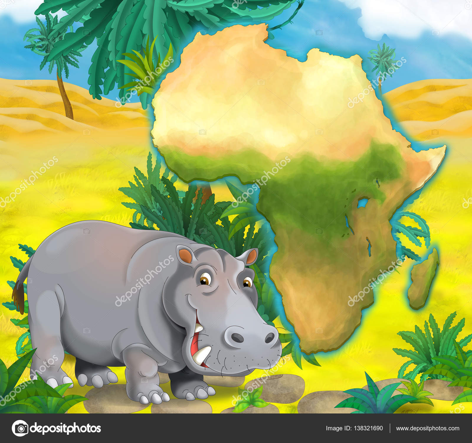Карикатурный бегемот с картой континента Стоковая иллюстрация ©agaes8080  138321690
