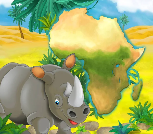 Cartoon rhino met continent kaart — Stockfoto