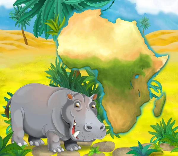 Cartoon hippo with continent map — Stock Photo, Image