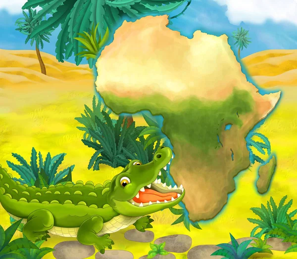 Мультяшний крокодил з картою континенту — стокове фото