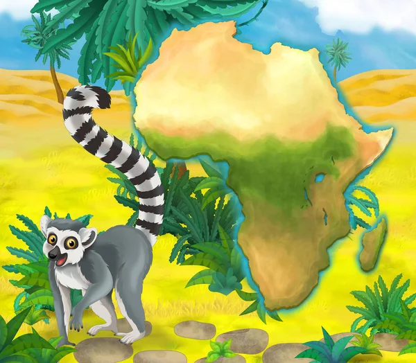 Cartoon lemur met continent kaart — Stockfoto