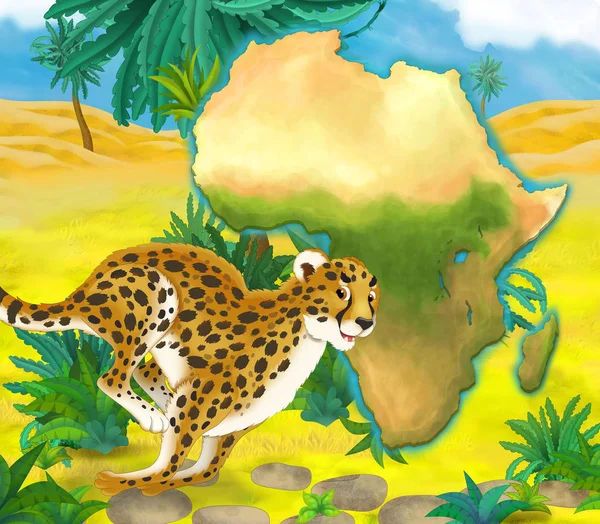 Cartoon cheetah met continent kaart — Stockfoto