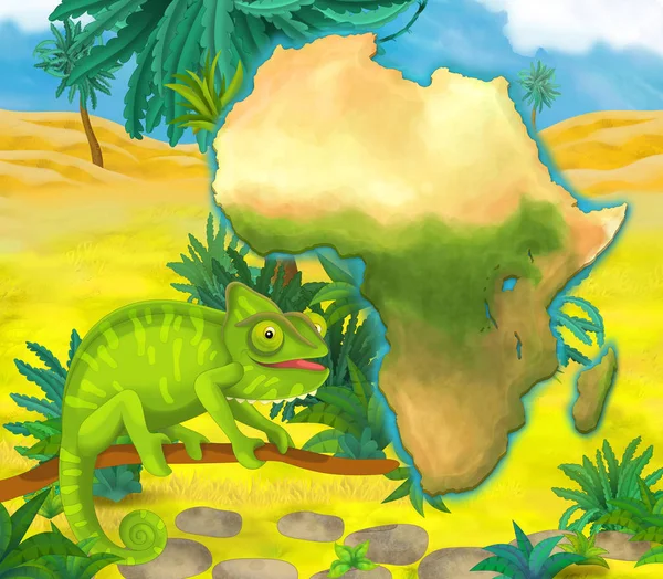 Карикатурный хамелеон с картой континента — стоковое фото