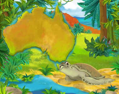 Çizgi film kaplumbağa ile kıta harita