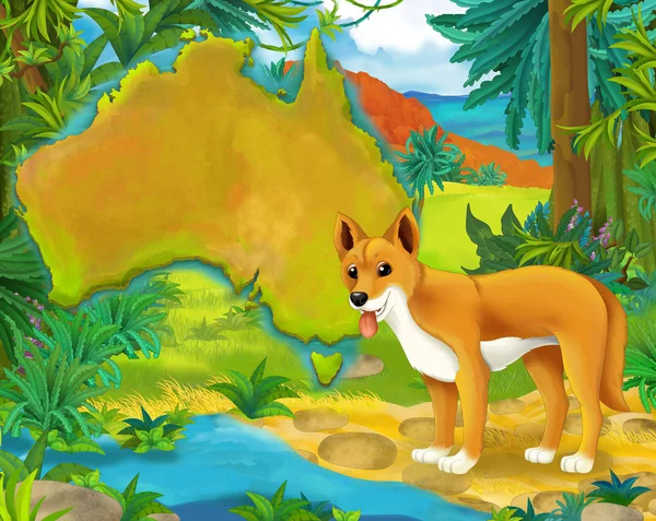 Cartoon dingo with continent map