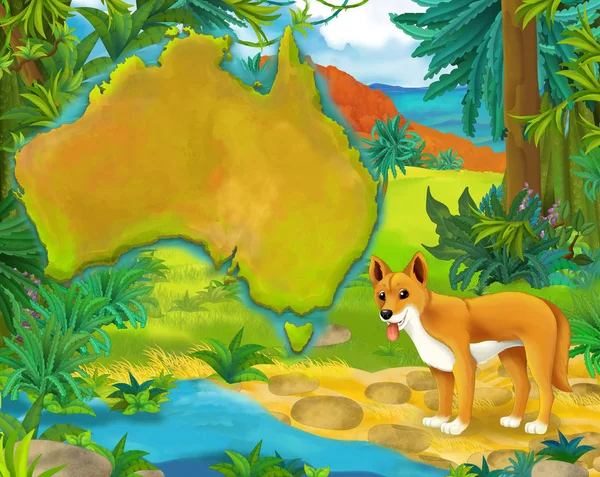 Cartoon dingo with continent map