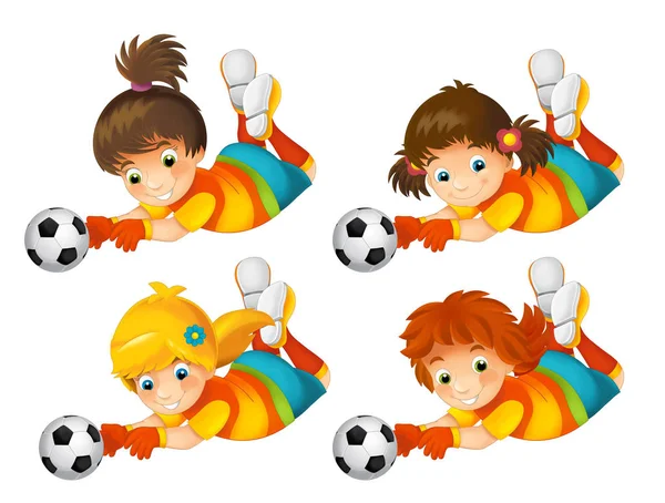 Çizgi film kızlar futbol oynarken ayarla — Stok fotoğraf