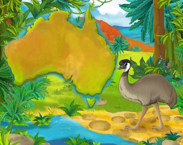 Cartoon emu met continent kaart — Stockfoto