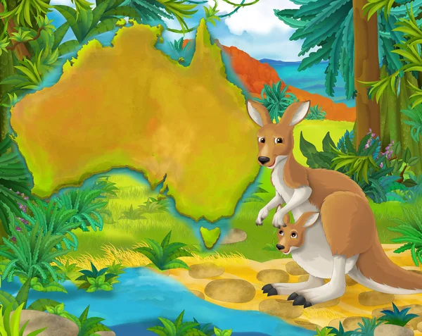 Cartoon kangaroo with continent map — Stock Photo, Image