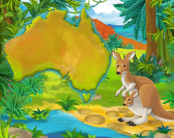 Rajzfilm kenguru, a kontinensek térképéhez — Stock Fotó
