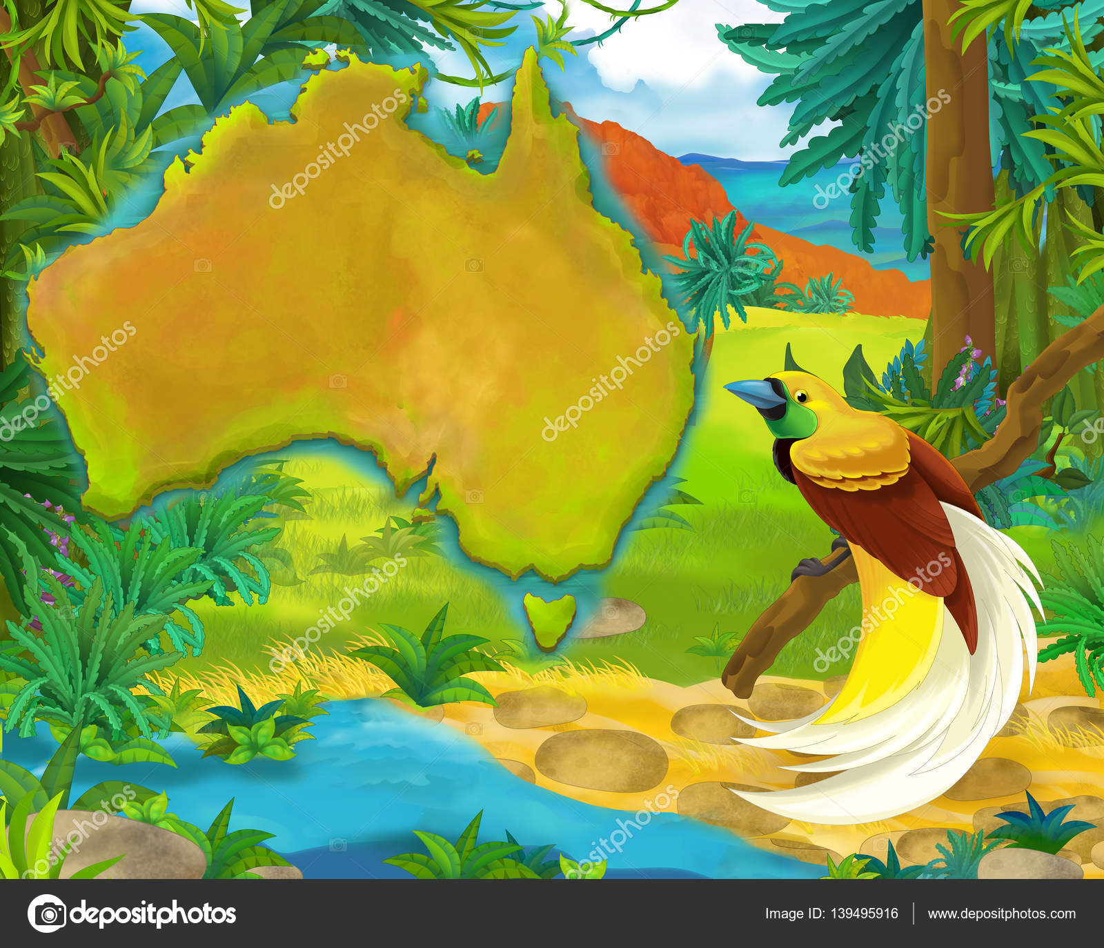 Oiseau De Paradis Du Dessin Animé Avec Carte Continent