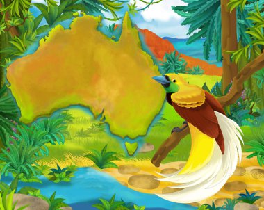 Karikatür cennet kuşu ile kıta harita - illüstrasyon çocuklar için