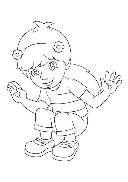 Cartoon girl sitting and smiling - coloring page - illustration for children — Stock Vector