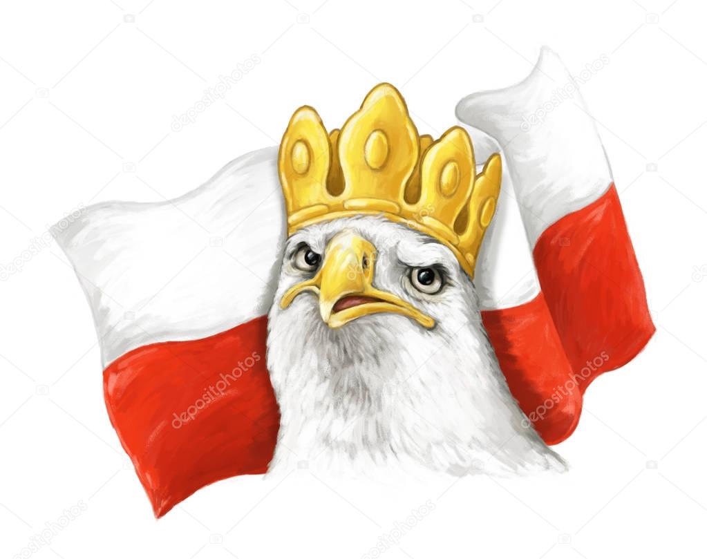 Cartoon eagle and polish flag - head in crown - illustration for children