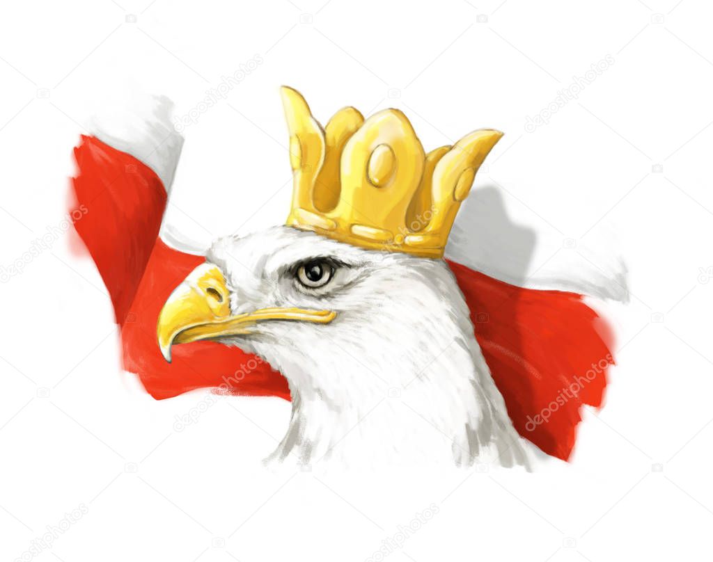 Cartoon eagle and polish flag - head in crown - illustration for children