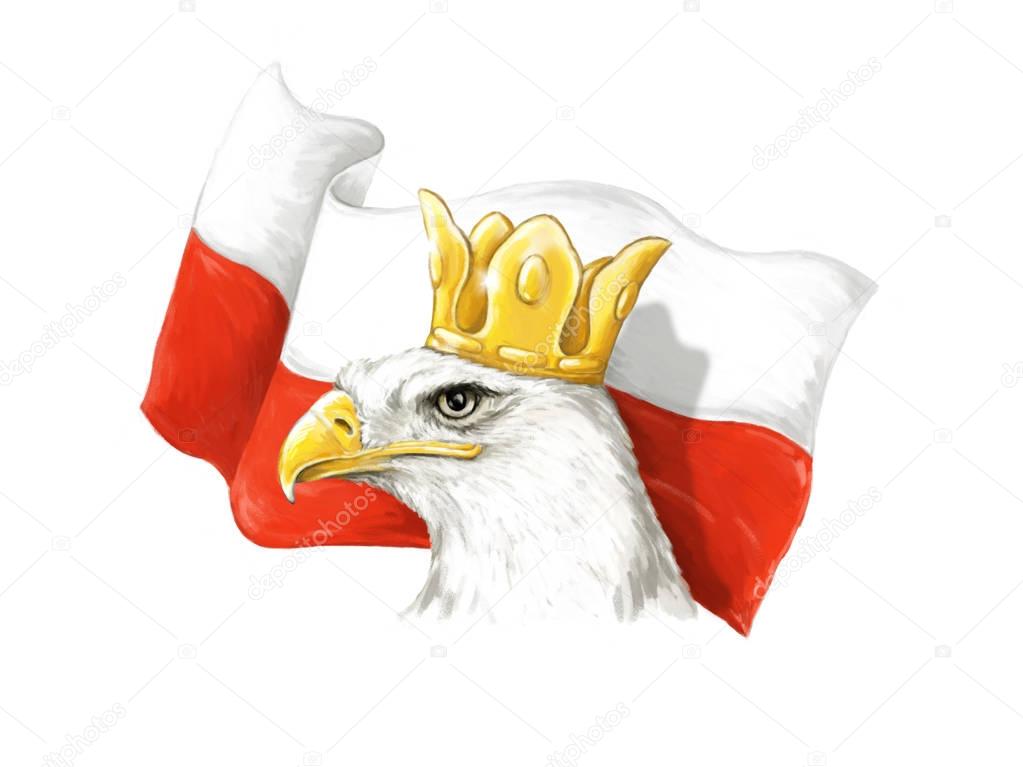 Cartoon eagle and polish flag - head in crown - illustration for children