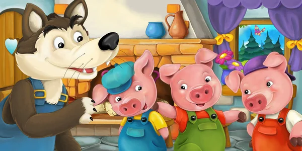 Escena de dibujos animados con cerdos y lobo en la cocina - ilustración para niños —  Fotos de Stock