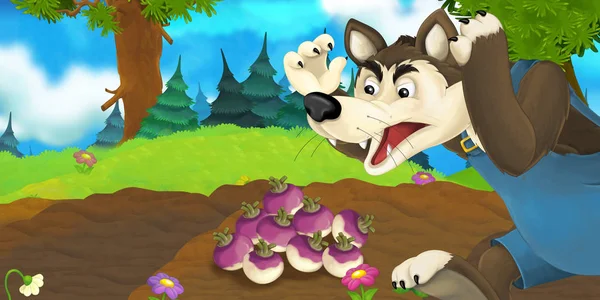 Cena dos desenhos animados com lobo no prado - ilustração para crianças — Fotografia de Stock