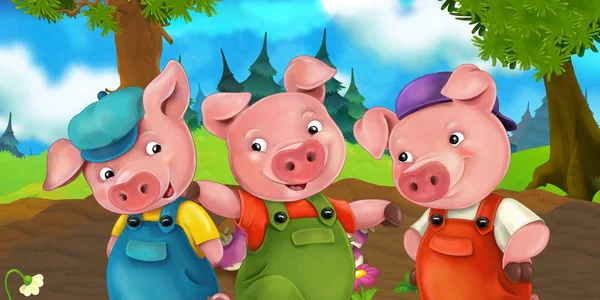 Cartoon scène drie varken broers gaan op een reis op een heuvel - illustratie voor kinderen — Stockfoto