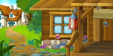 Çocuklar için bir eski evler - çayır Köyü - illüstrasyon karikatür arka plan