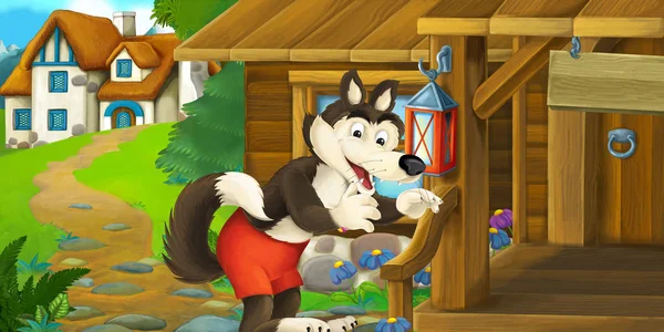 Tecknad rolig scen med varg framför trä bondgård - illustration för barn — Stockfoto
