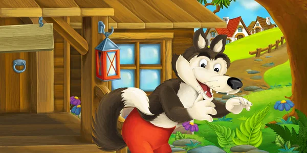 Dessin animé scène drôle avec loup devant la ferme en bois illustration pour les enfants — Photo