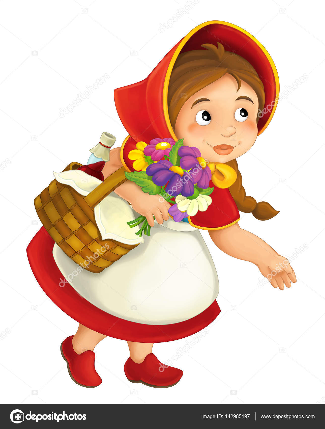 Bambina con cestino pranzo e fiori del fumetto — Foto Stock