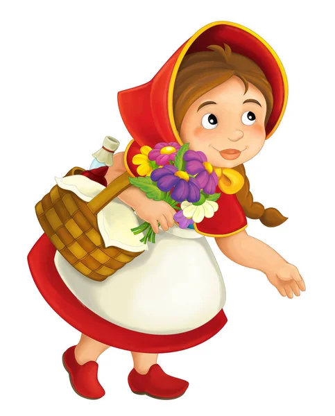 Yemek Sepeti ve çiçekler ile küçük kız çizgi film — Stok fotoğraf