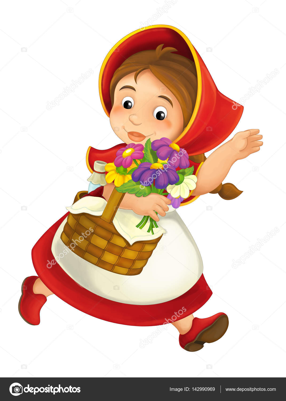 Bambina con cestino pranzo e fiori del fumetto — Foto Stock