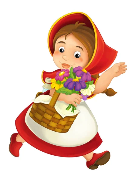 Cartoon little girl with lunch basket and flowers — Stock Photo, Image