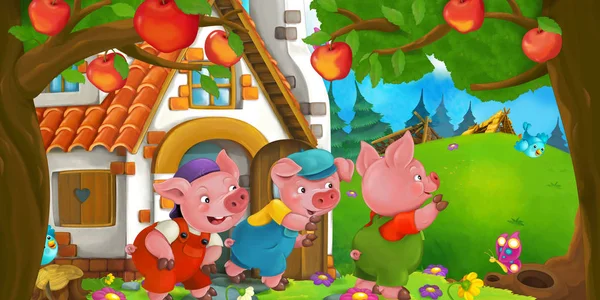 Üç domuz ile çizgi film sahne — Stok fotoğraf