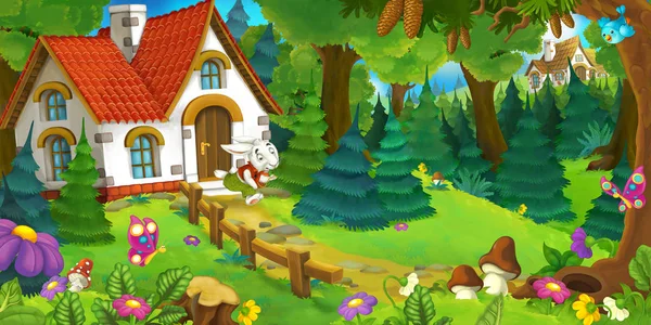 Cartoon background of an old house in the forest funny rabbit is hurrying and running illustration for children — Stock Photo, Image