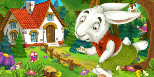 Fond de dessin animé d'une vieille maison dans la forêt lapin drôle est hâte et courir illustration pour les enfants — Photo