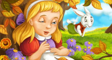 çizgi film sahne uyku ve uyanma genç kızla ağacın altında ormandaki