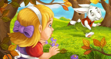 çizgi film sahnesi ormanda genç kızla