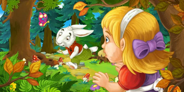 Cena dos desenhos animados com a jovem na floresta — Fotografia de Stock