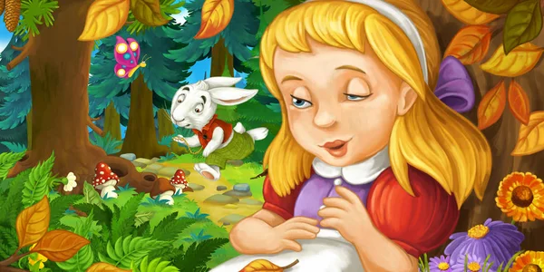Cena dos desenhos animados com a jovem na floresta — Fotografia de Stock
