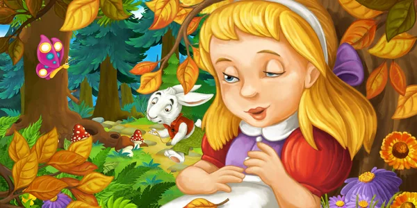 在森林里的小女孩卡通场景 — 图库照片
