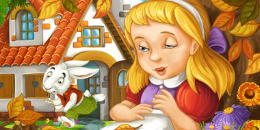 çizgi film sahnesi ormanda genç kızla