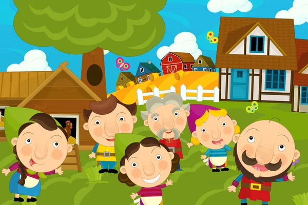 Cartoon illustration of traditional farm village — Stock Photo, Image